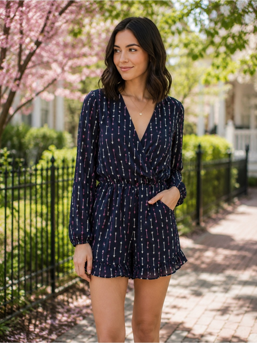 Honey Punch Arrow Print Navy Ruffle Romper